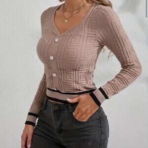 Elegant Scoop Neck Sweater - Contrast Trim, Long Sleeve, Fake Button